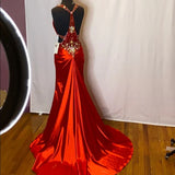 Red gorgeous shiny fashion exquisite beaded backless long elegant satin floor-length train prom dress evening dress HZ1023