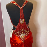 Red gorgeous shiny fashion exquisite beaded backless long elegant satin floor-length train prom dress evening dress HZ1023