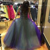 Purple Gorgeous Fashion V-neck Elegant Exquisite Beaded Long Tulle Ball Gown Evening Dress HZ1023