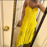 Yellow fashion elegant simple spaghetti strap long chiffon tiered ball gown evening dress party dress HZ1023
