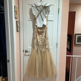 Champagne Pink/Gold Gorgeous Exquisite Beaded Strapless Elegant Long Fishtail Mermaid Slim Fit Ball Gown Evening Gown Party Dress HZ1023