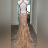 Champagne Pink/Gold Gorgeous Exquisite Beaded Strapless Elegant Long Fishtail Mermaid Slim Fit Ball Gown Evening Gown Party Dress HZ1023