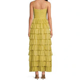 Yellow stylish elegant spaghetti straps long satin tiered ball gown formal evening dress party dress HZ1023