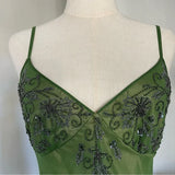 Green Vintage Fashion Elegant Exquisite Beaded Long Chiffon Suspender Dress Floral Embroidery Ball Gown Evening Gown Party Dress Prom Gown HZ1023