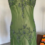 Green Vintage Fashion Elegant Exquisite Beaded Long Chiffon Suspender Dress Floral Embroidery Ball Gown Evening Gown Party Dress Prom Gown HZ1023