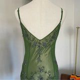 Green Vintage Fashion Elegant Exquisite Beaded Long Chiffon Suspender Dress Floral Embroidery Ball Gown Evening Gown Party Dress Prom Gown HZ1023