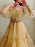 Yellow pretty fairy elegant exquisite beading A-line long sleeve long tulle ball gown evening dress HZ1023