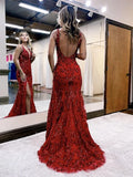 Blue/red fashion shiny v neck sleeveless floor length elegant sexy slit prom dress evening gown party dress HZ1023