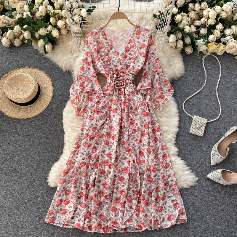 Cute v neck floral dress A line fashion dress HZ1023