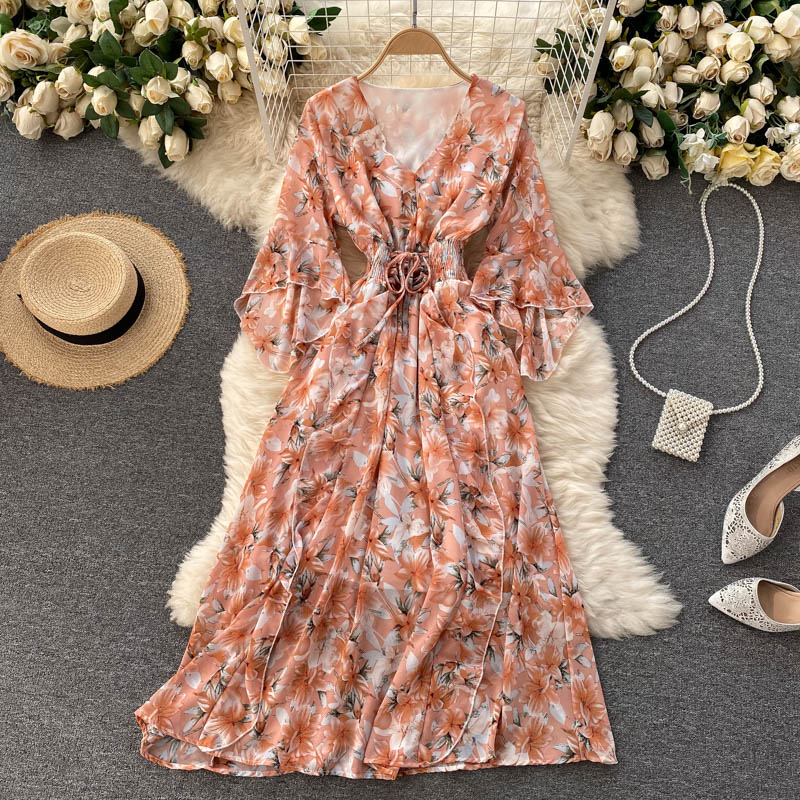 Cute v neck floral dress A line fashion dress HZ1023