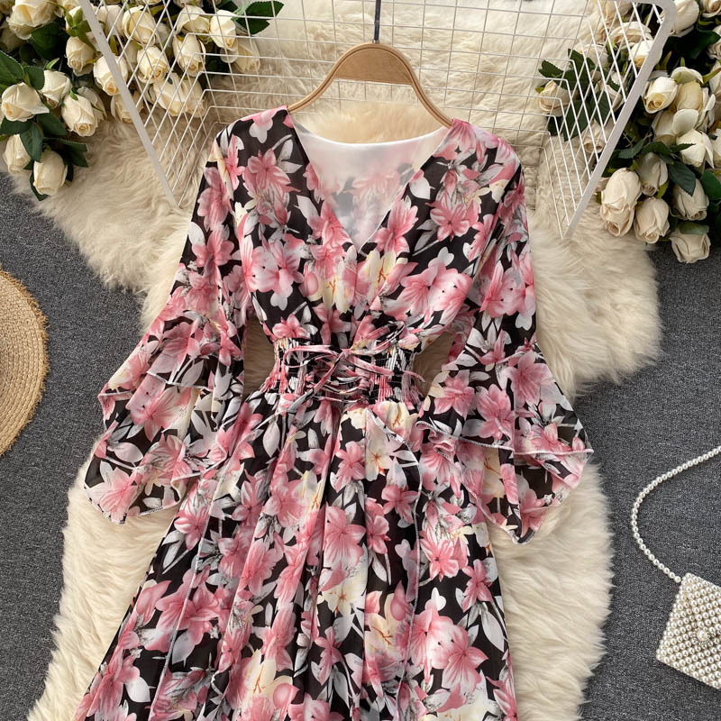 Cute v neck floral dress A line fashion dress HZ1023