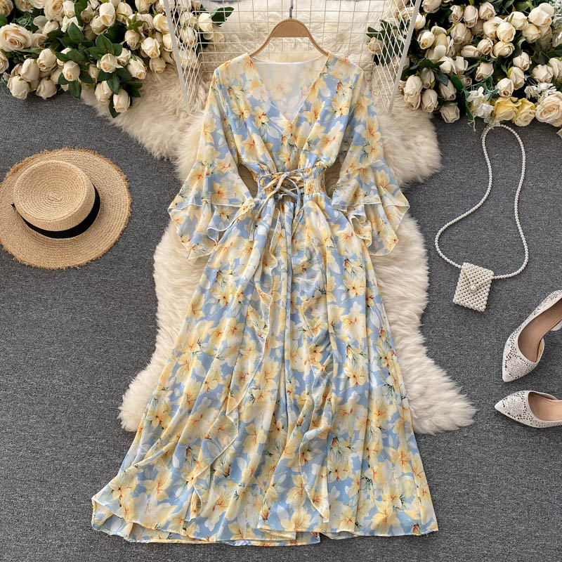 Cute v neck floral dress A line fashion dress HZ1023