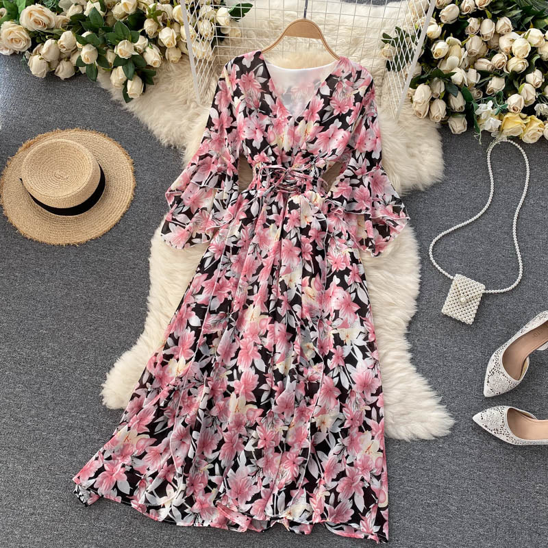 Cute v neck floral dress A line fashion dress HZ1023
