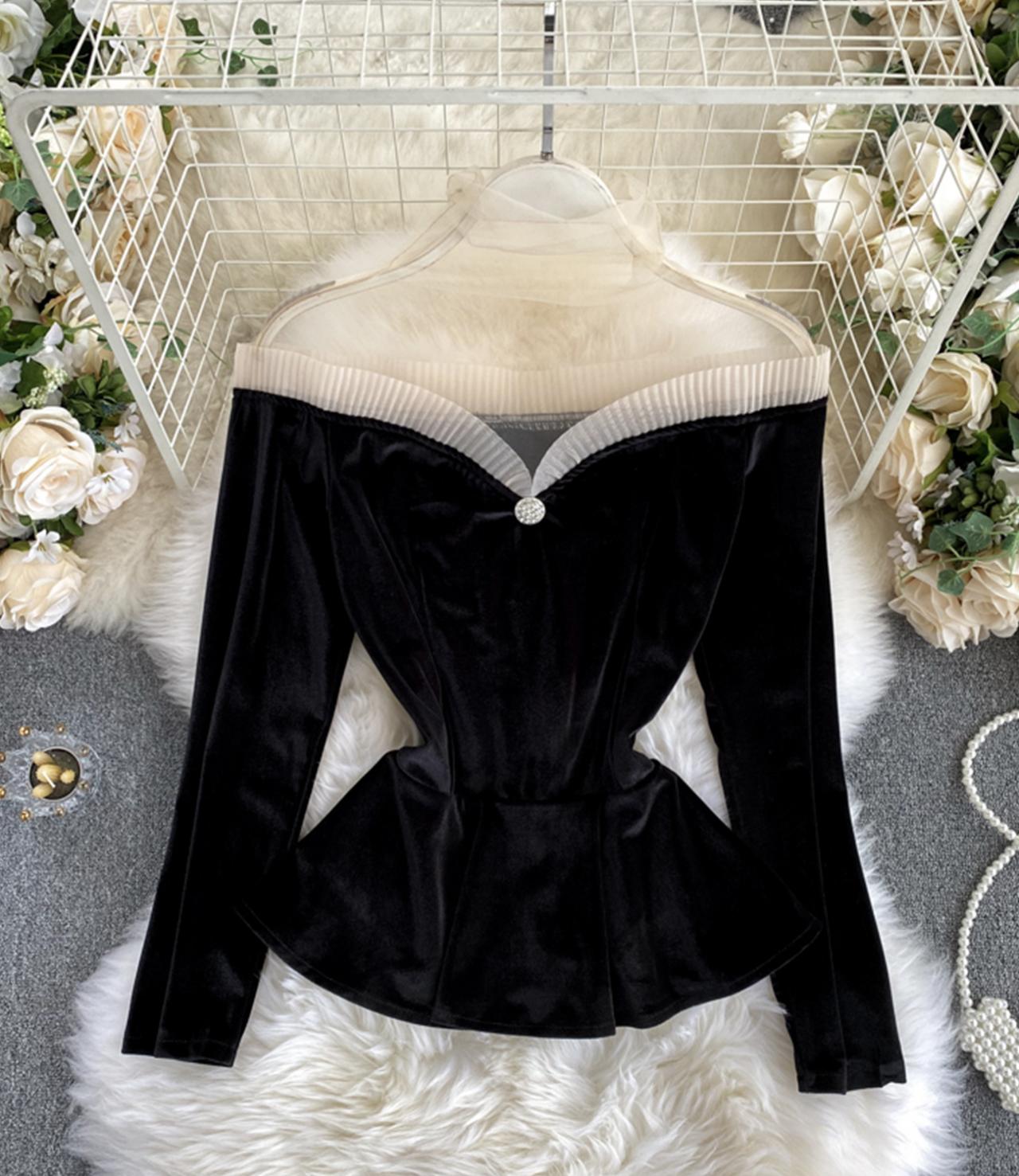 Stylish velvet tops long sleeve see through tops HZ1023