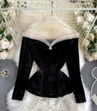 Stylish velvet tops long sleeve see through tops HZ1023