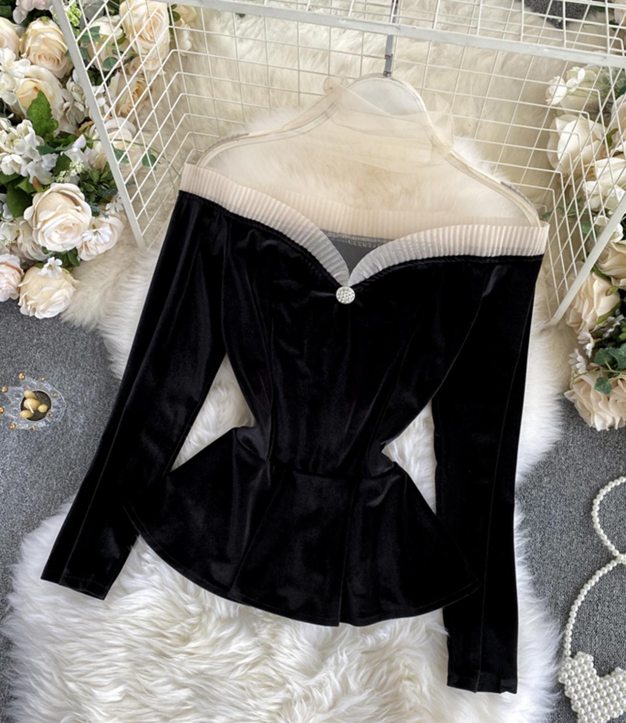 Stylish velvet tops long sleeve see through tops HZ1023