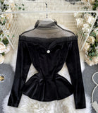 Stylish velvet tops long sleeve see through tops HZ1023