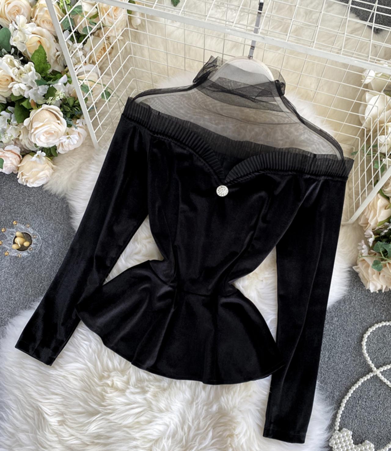 Stylish velvet tops long sleeve see through tops HZ1023