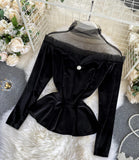 Stylish velvet tops long sleeve see through tops HZ1023