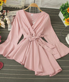 Stylish v-neck irregular top long sleeve flared top HZ1023