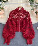 Stylish hollow lace top puff sleeve top HZ1023