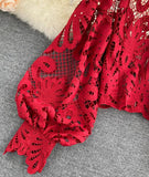 Stylish hollow lace top puff sleeve top HZ1023