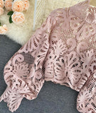 Stylish hollow lace top puff sleeve top HZ1023