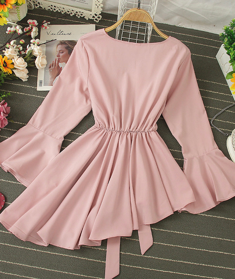 Stylish v-neck irregular top long sleeve flared top HZ1023