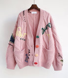 Burgundy/pink/white new retro fashion loose casual colorful button design cardigan sweater HZ1023