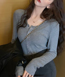 Gray long-sleeved corset cropped top HZ1023