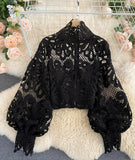Stylish hollow lace top puff sleeve top HZ1023