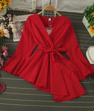 Stylish v-neck irregular top long sleeve flared top HZ1023