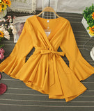 Stylish v-neck irregular top long sleeve flared top HZ1023