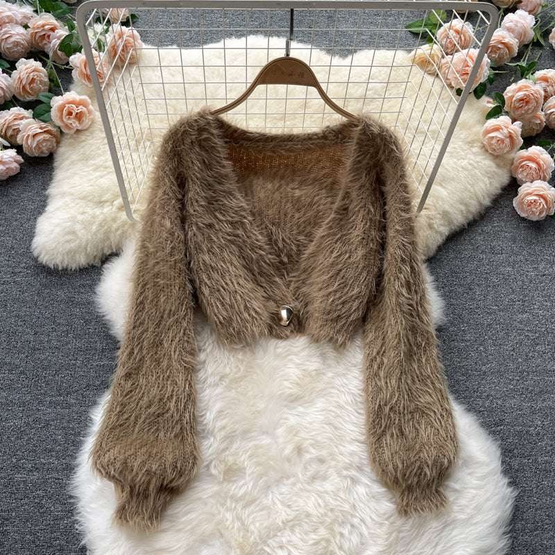 Short Mohair cardigan women's Plush sweater coat HZ1023