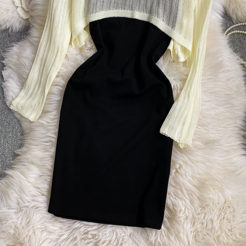 Long sleeved Knitted Blouse hip strap dress HZ1023