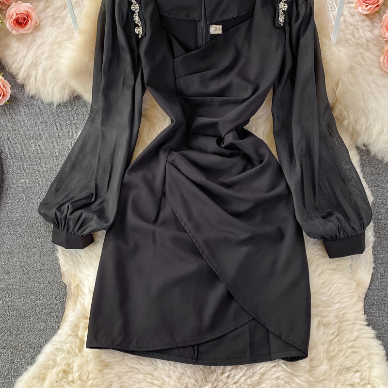 Korean French retro bubble sleeve temperament square neck dress HZ1023