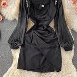 Korean French retro bubble sleeve temperament square neck dress HZ1023