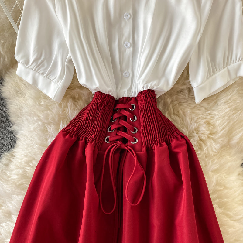 A-line umbrella skirt with contrast color stitching and slim waist HZ1023