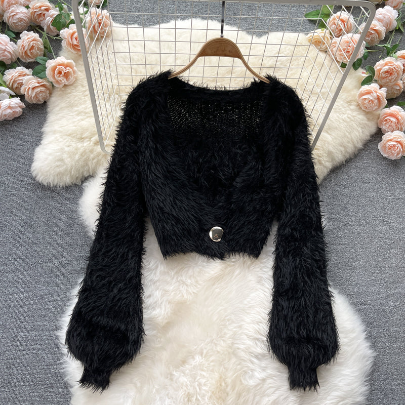Short Mohair cardigan women's Plush sweater coat HZ1023