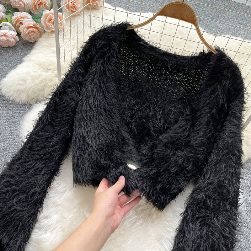 Short Mohair cardigan women's Plush sweater coat HZ1023