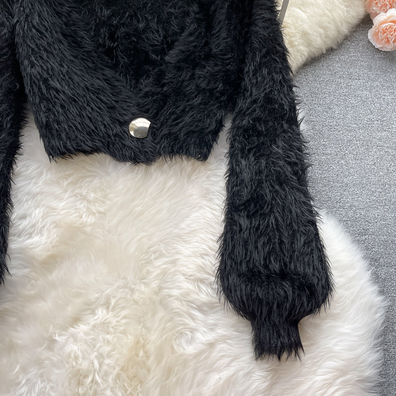 Short Mohair cardigan women's Plush sweater coat HZ1023