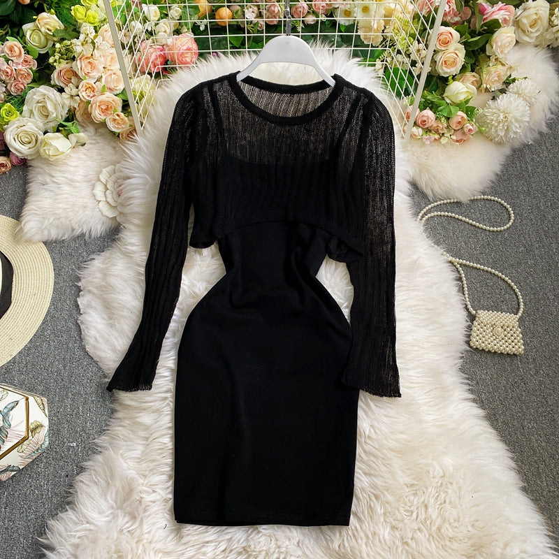 Long sleeved Knitted Blouse hip strap dress HZ1023