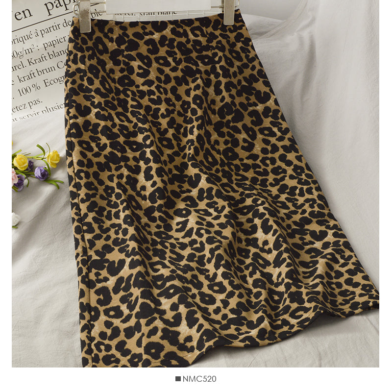 Hong Kong retro leopard print medium length high waist split one-step skirt HZ1023