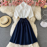 A-line umbrella skirt with contrast color stitching and slim waist HZ1023