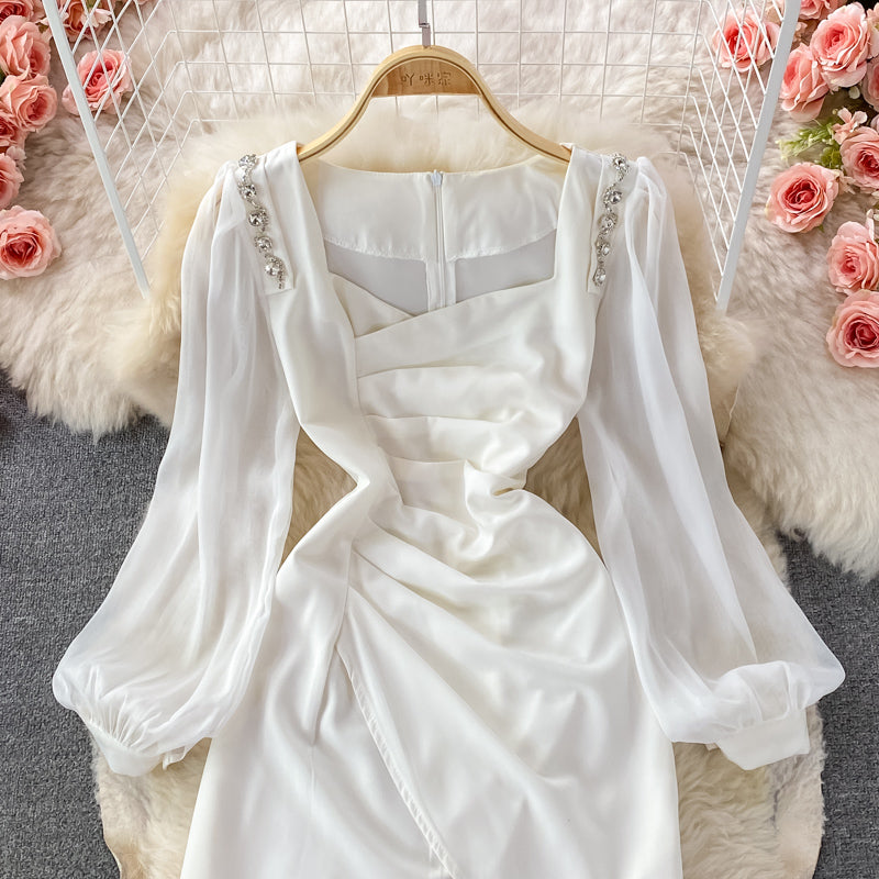 Korean French retro bubble sleeve temperament square neck dress HZ1023