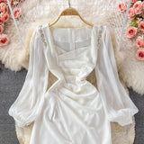 Korean French retro bubble sleeve temperament square neck dress HZ1023