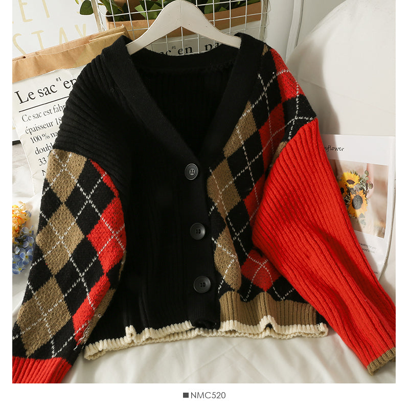 Contrast stitched diamond check single breasted low neck T-shirt HZ1023