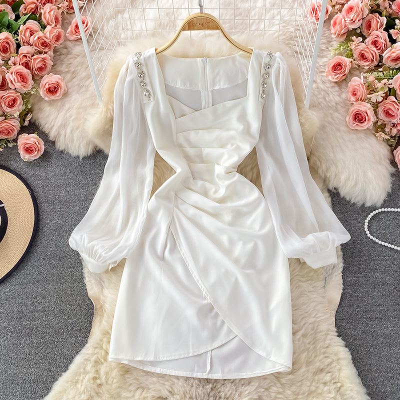Korean French retro bubble sleeve temperament square neck dress HZ1023