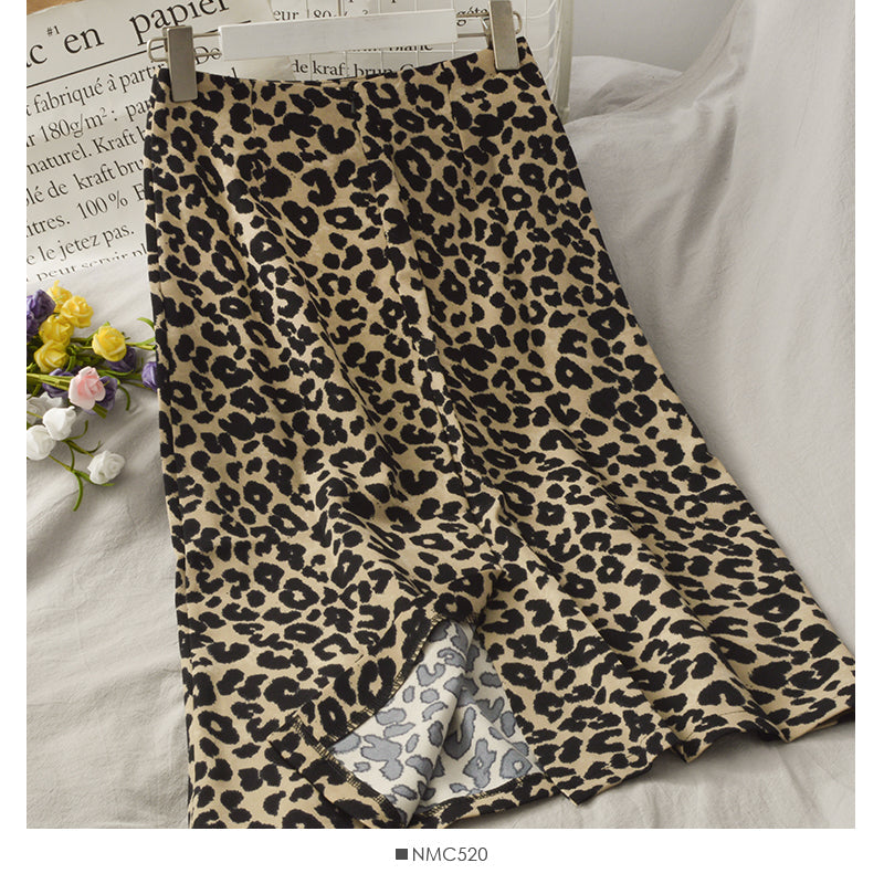 Hong Kong retro leopard print medium length high waist split one-step skirt HZ1023