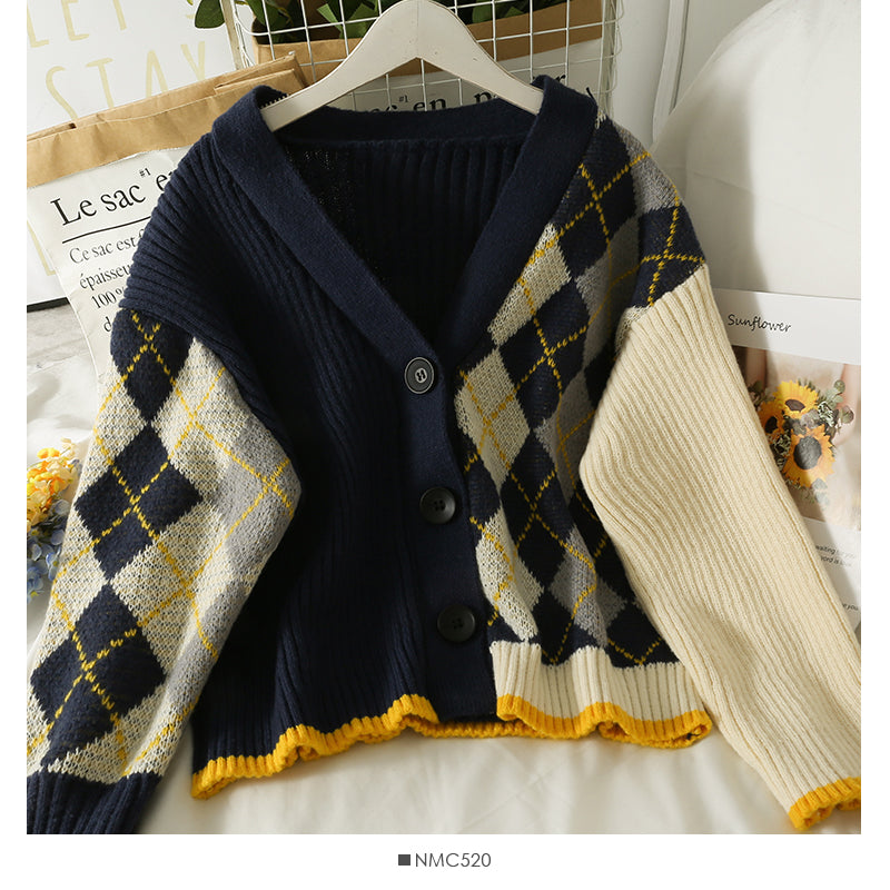 Contrast stitched diamond check single breasted low neck T-shirt HZ1023